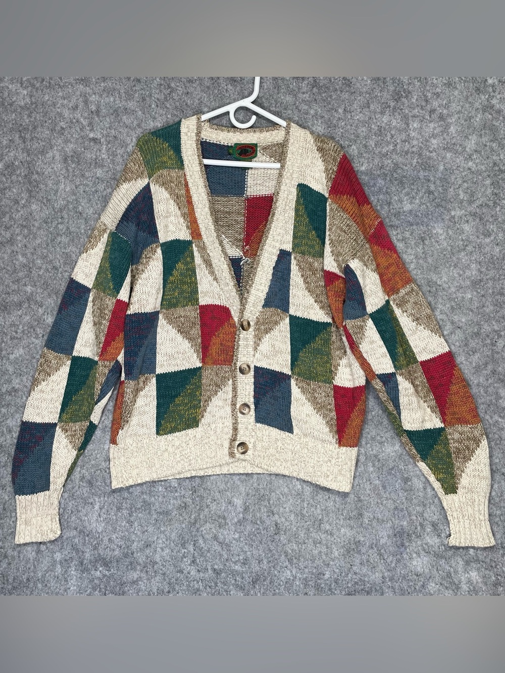 Vtg 90s Boston Traders Cardigan Sweater Mens XL Grandpacore Multicolor Geometric
